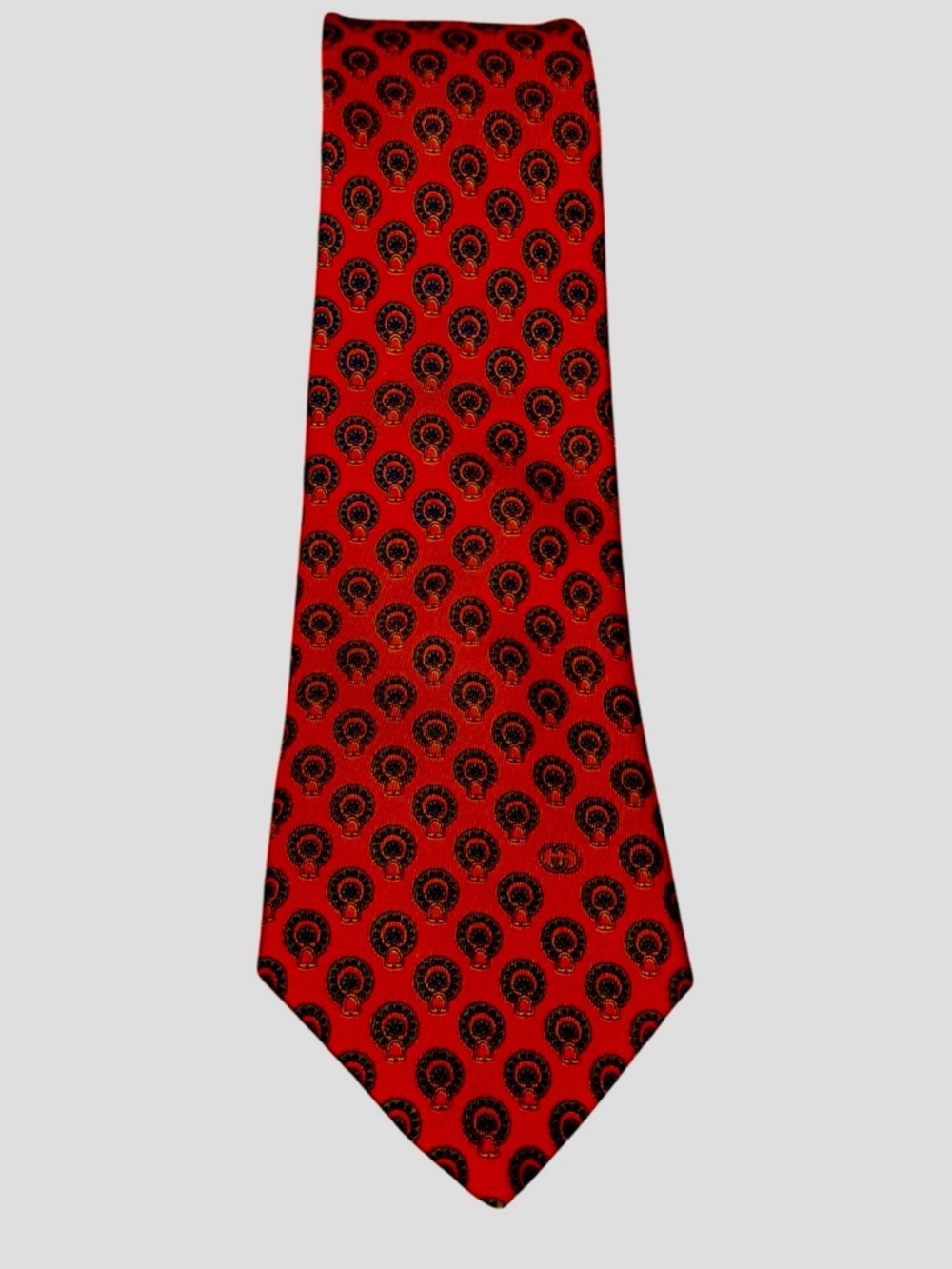 Vintage Gucci 100% Silk Necktie Red Navy Stirrup Equestrian Print Made in Italy